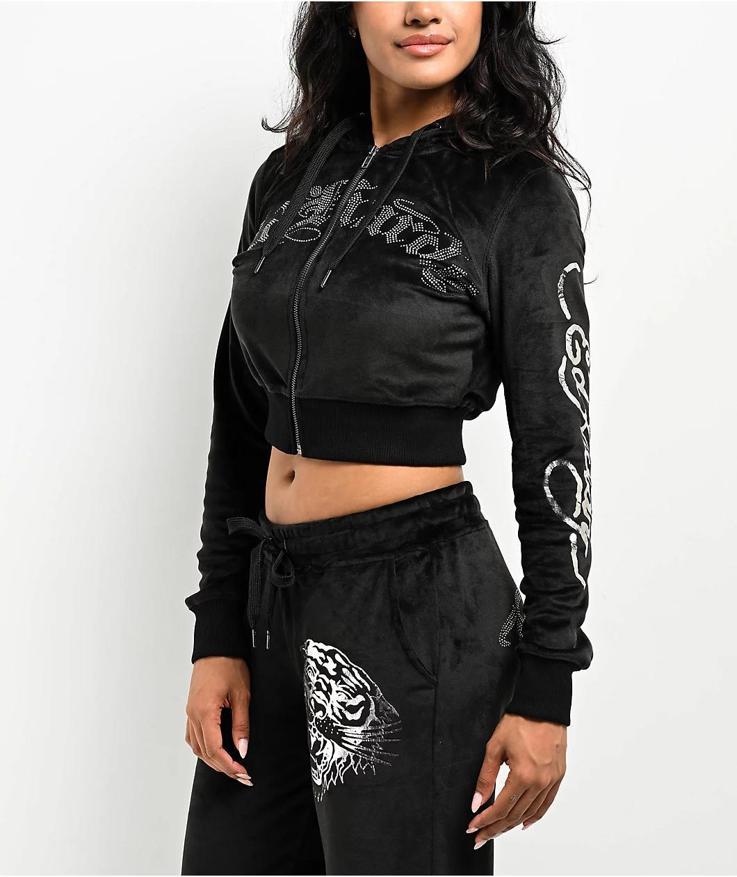 Ed Hardy Tiger Head Black Velour Crop Zip Hoodie Product Image