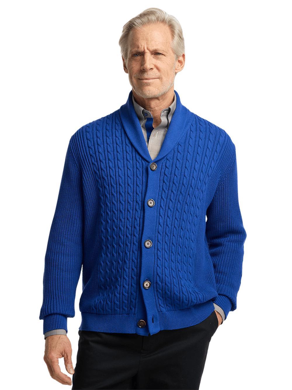 Cotton Cable Button Front Shawl Collar Cardigan - Cobalt Product Image