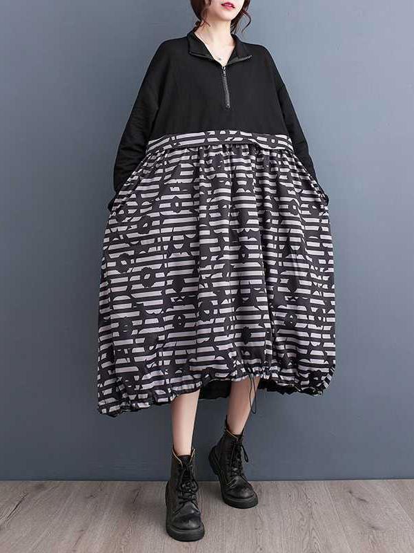 Long Sleeves Loose Drawstring Printed Split-Joint Zipper Midi Dresses Product Image