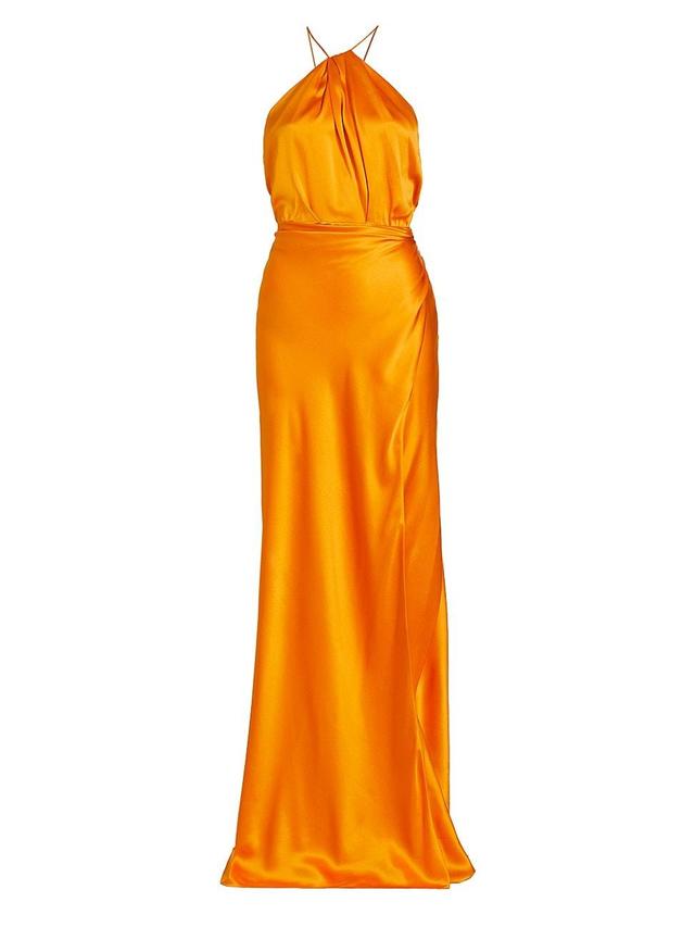 Womens Satin Silk Pleated Halter Gown Product Image