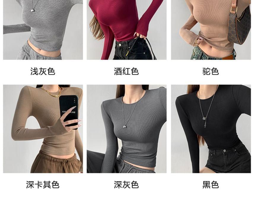 Plain Long-Sleeve Skinny Knit Crop Top in 8 Colors Product Image