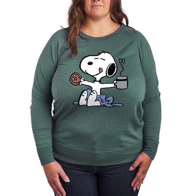 Plus Size Peanuts Snoopy Donut And Coffee Lightweight French Terry Sweatshirt, Girls Grey Green Product Image