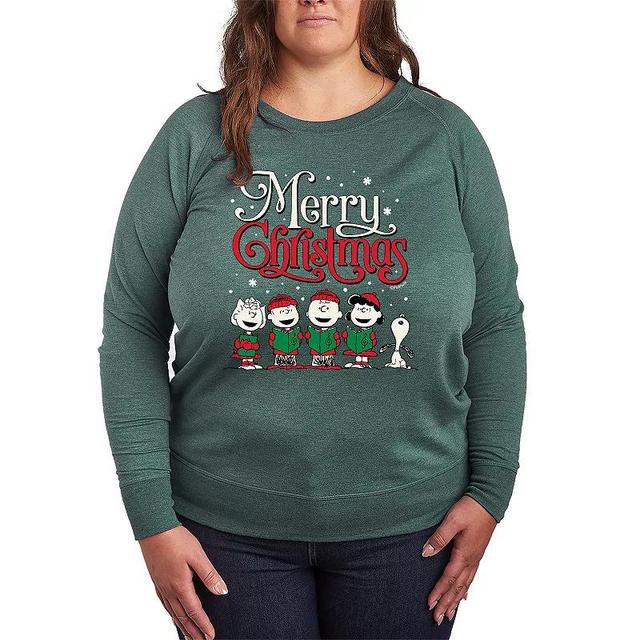 Womens Peanuts Merry Christmas Carols Lightweight French Terry Sweatshirt Grey Green Product Image