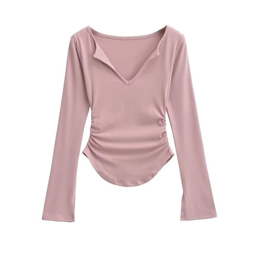 Long-Sleeve V-Neck Plain Crop Top Product Image