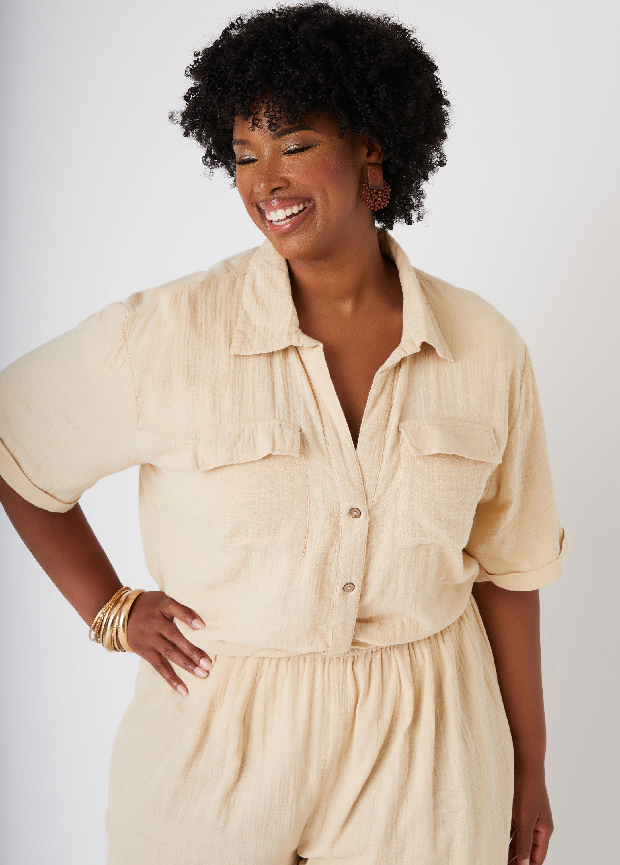 Plus Size Cropped Cotton Gauze Shirt Ashley Stewart Product Image