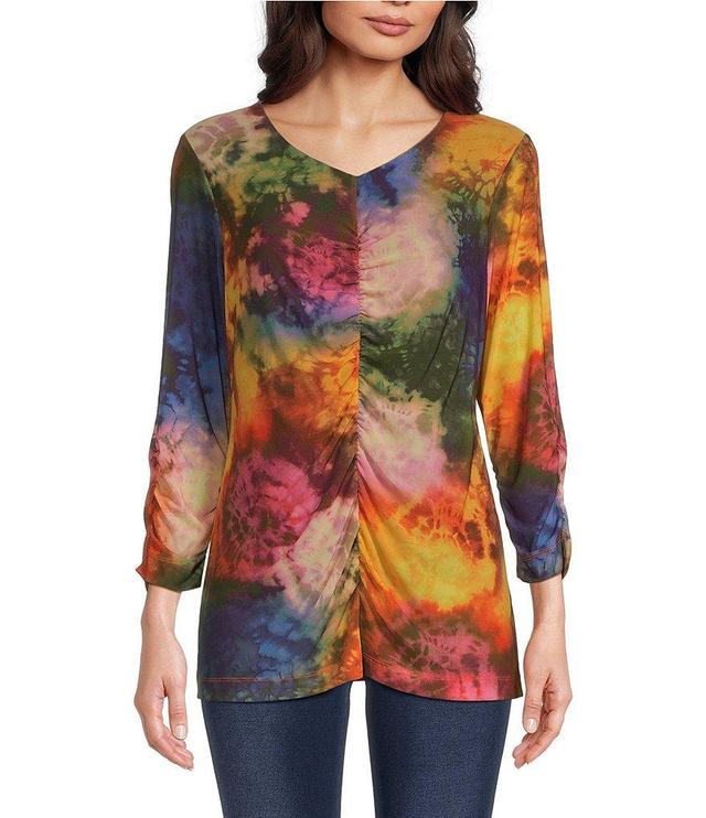 Ali Miles Tie Dye Print Mesh V Neckline 3/4 Ruched Sleeve Tunic Product Image