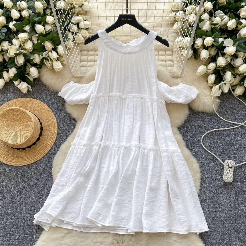 Puff-Sleeve Cold-Shoulder Plain Ruffle Sundress Product Image