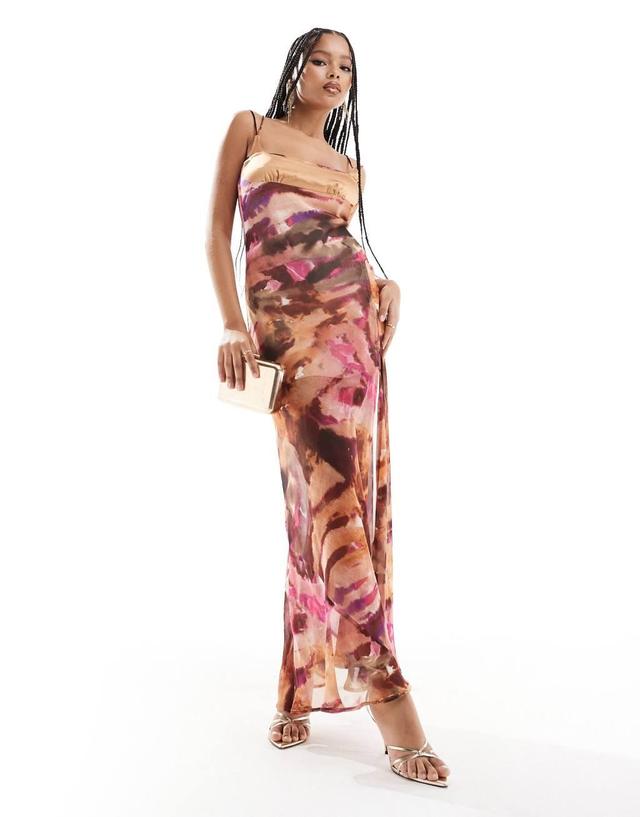 ASOS DESIGN double strap maxi dress with hook and eye slit in blurred print Product Image