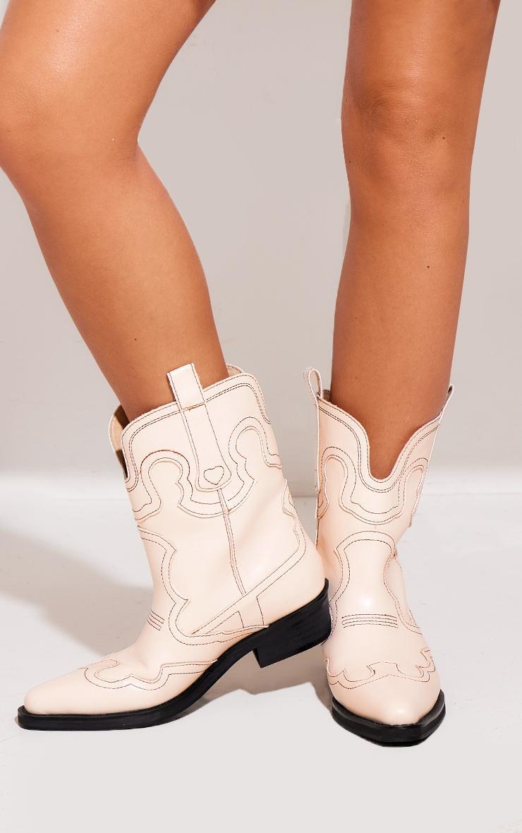 Cream Pu Point Toe Ankle Western Boots Product Image