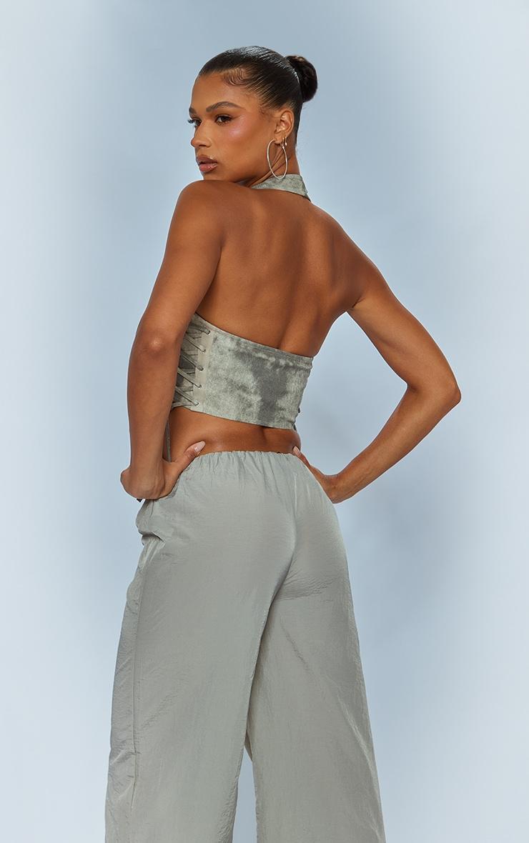 Stone Washed Twill Lace Up Side Zip Up Crop Top Product Image