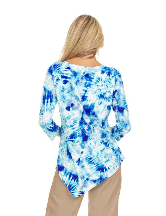 Blue / Ivory Tye Dye 3/4 Sleeeve Asymetrical Hem Top Product Image