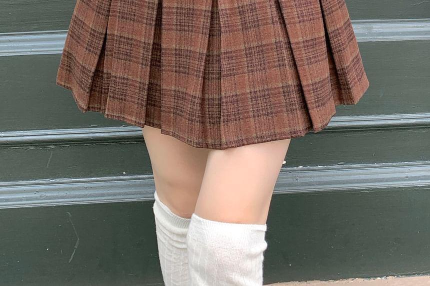 High Waist Plaid Pleated Mini A-Line Skirt Product Image