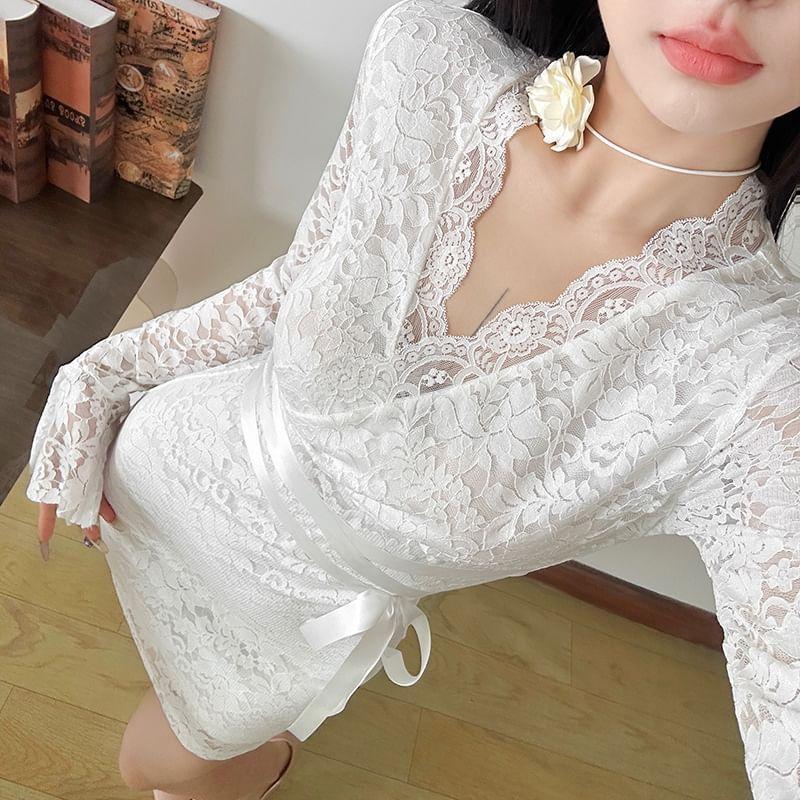 Long-Sleeve V-Neck Lace Mini Bodycon Dress Product Image