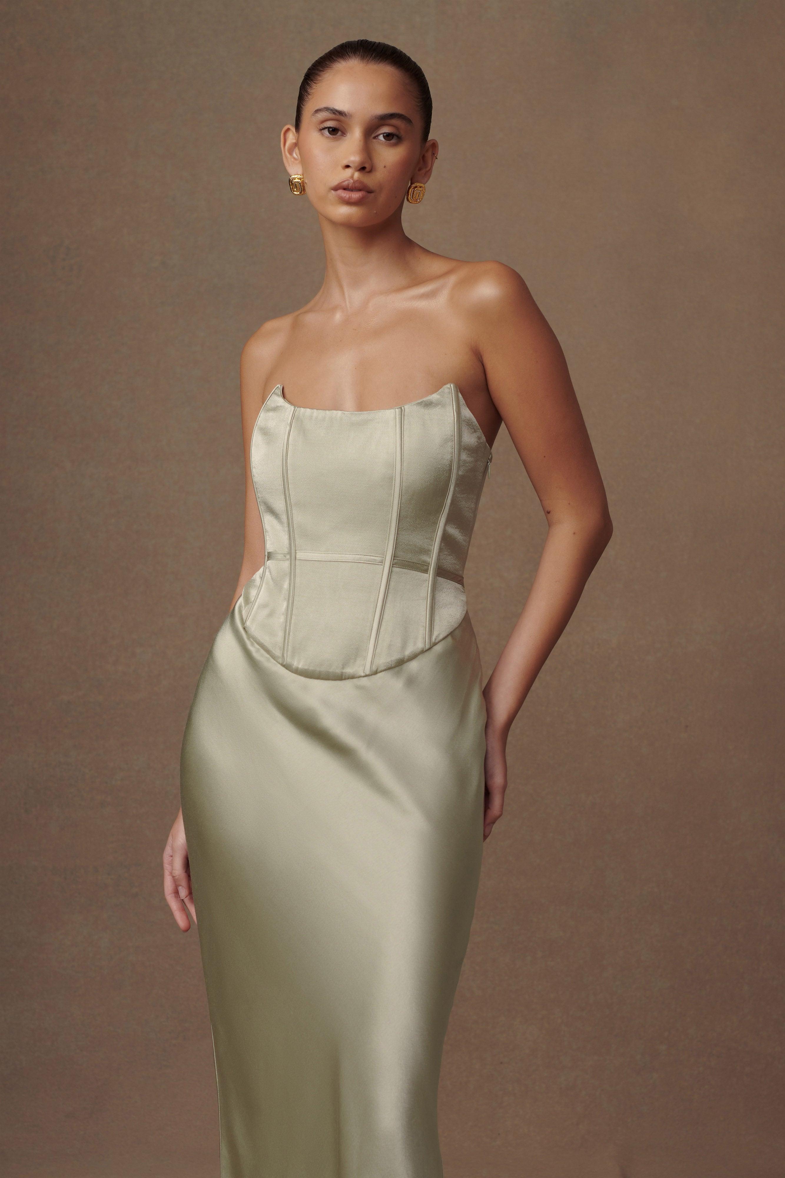 Harlow Satin Strapless Maxi Dress - Sage Product Image