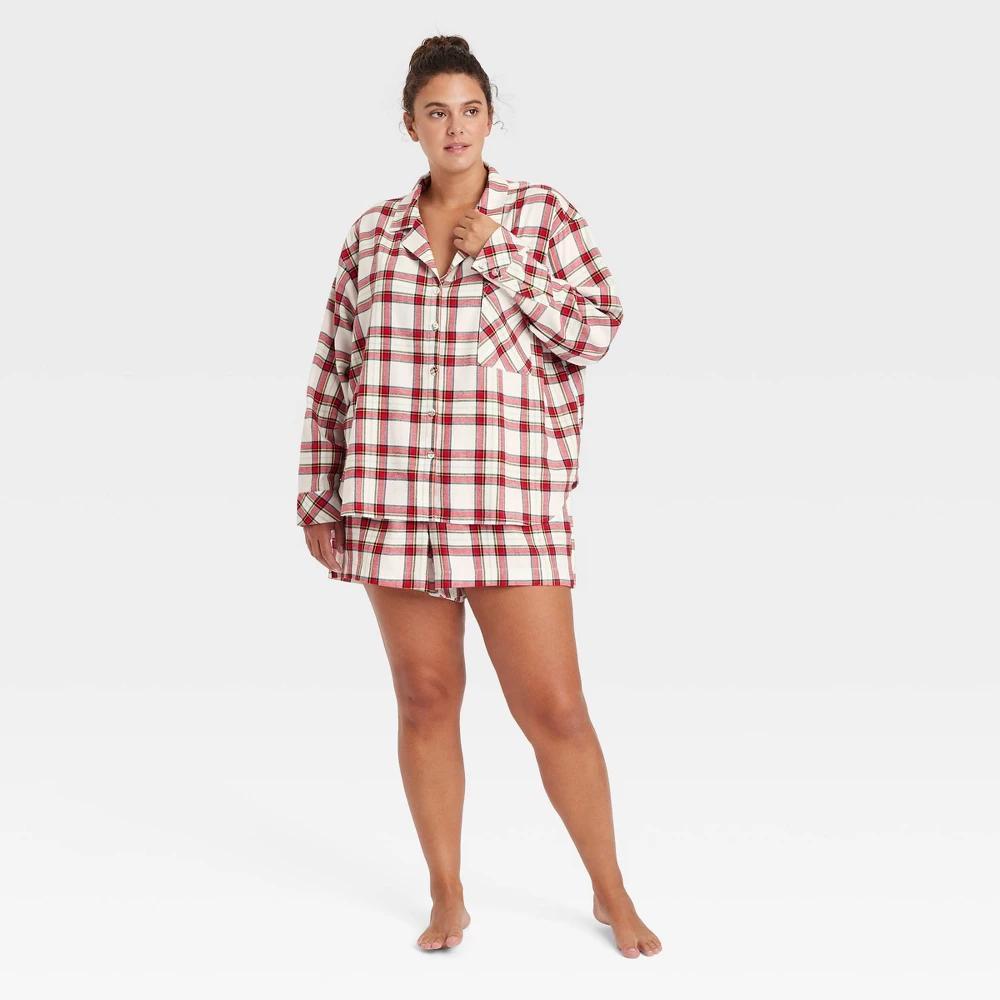 Womens Plaid Flannel Long Sleeve Top and Shorts Pajama Set - Auden Cream 2X Product Image