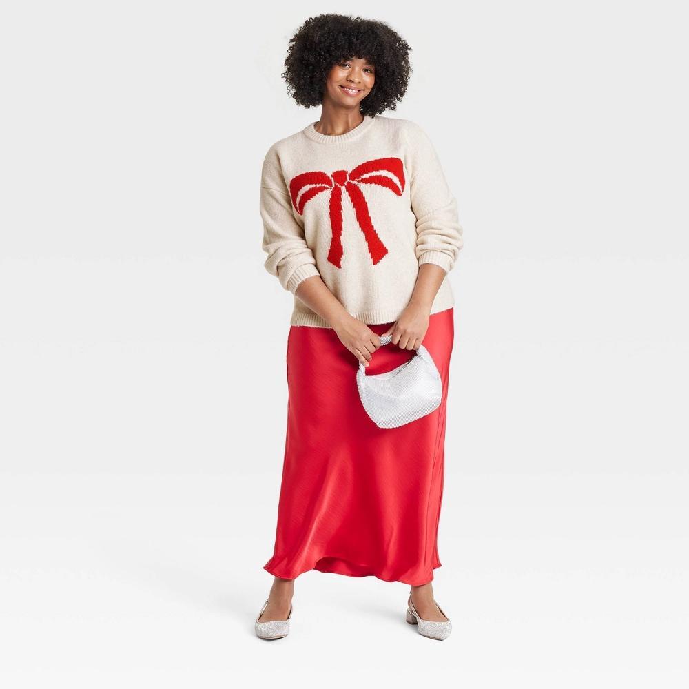 Women's Holiday Crewneck Pullover Sweater - A New Day™ Oatmeal Bow 3X Product Image