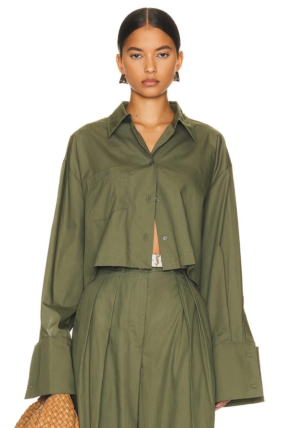 Helsa Cotton Poplin Cropped Shirt in Green Product Image