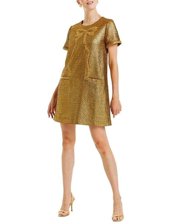 Mestiza New York Ainslee Metallic Jacquard Round Neck Beaded Bow Mini Dress Product Image