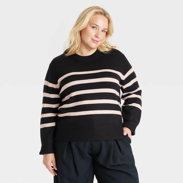 Womens Crewneck Pullover Sweater - A New Day Black Striped 3X Product Image