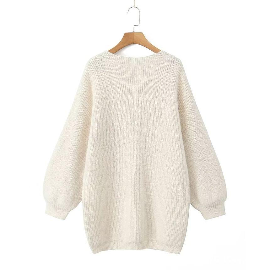 Long-Sleeve V-Neck Plain Sweater Product Image