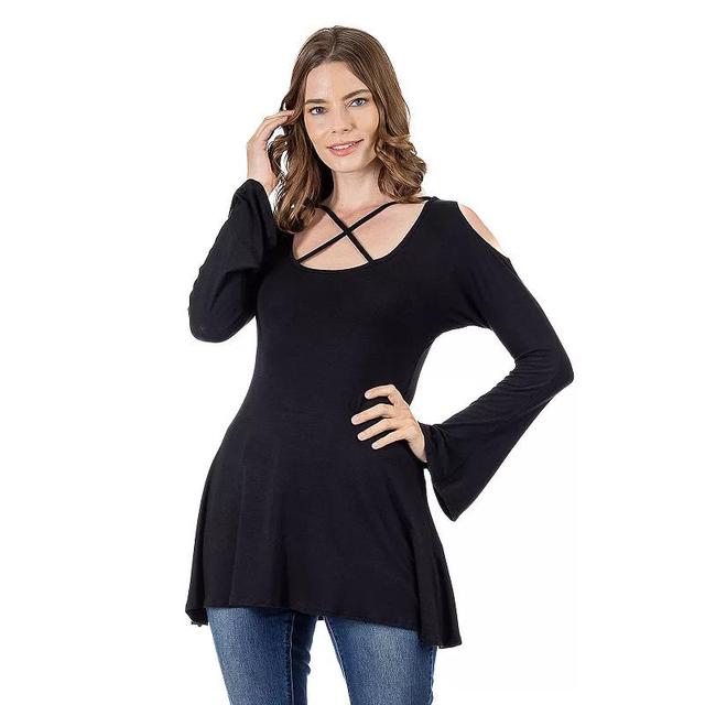 Womens 24Seven Comfort Apparel Criss Cross Cold Shoulder Long Sleeve Top Product Image