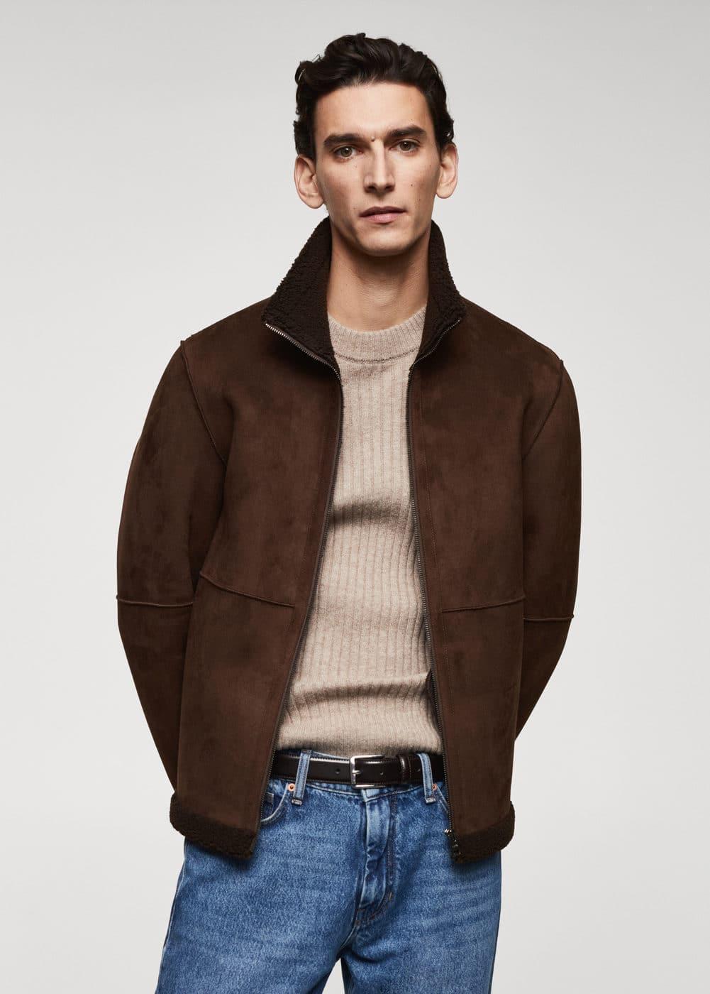 Mango Mens Shearling-Lined Leather-Effect Jacket Product Image