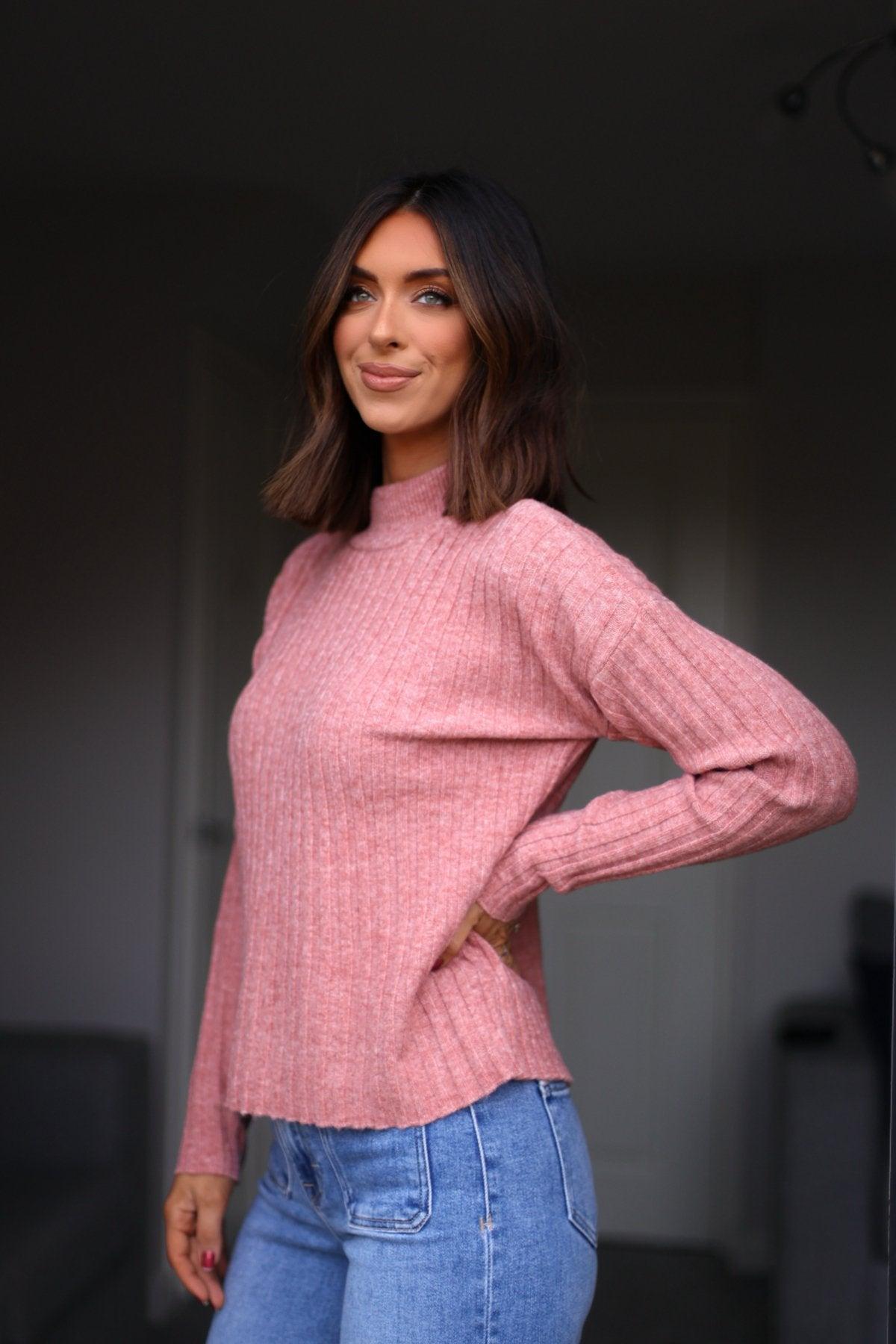 Pink Ribbed Mock Neck Sweater - FINAL SALE Product Image