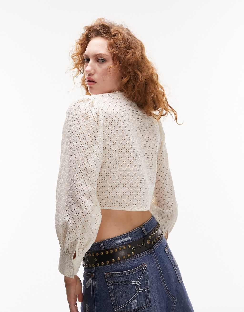 Topshop long sleeve broderie top in ivory Product Image