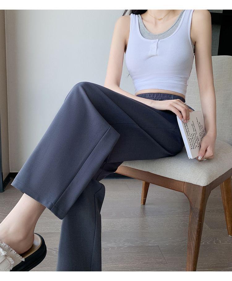 Elastic Waist Plain Cropped Straight Leg Pants Product Image