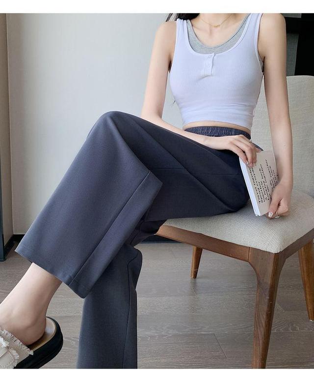 Elastic Waist Plain Cropped Straight Leg Pants Product Image