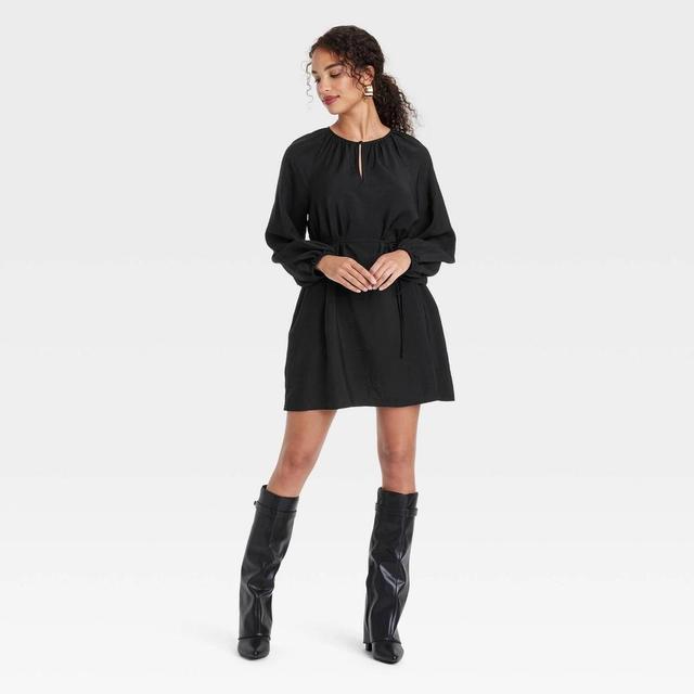 Womens Ballon Long Sleeve Belted Mini Dress - A New Day Black XS Product Image