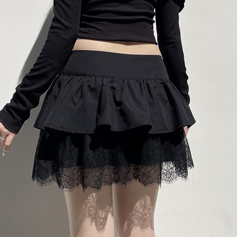 Mid Waist Plain Lace Mini A-Line Skirt Product Image