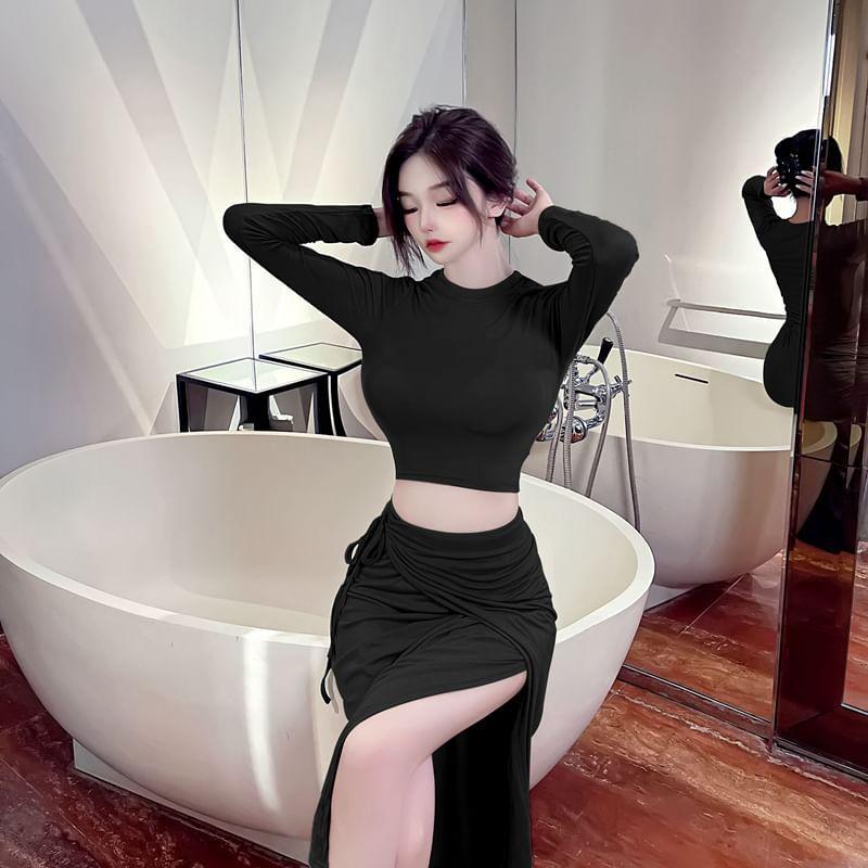 Set: Long-Sleeve Off Shoulder Plain Top + High Waist Asymmetrical Midi Skirt Product Image