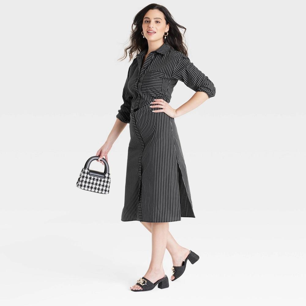 Women's Versatile Long Sleeve Midi Shirtdress - A New Day™ Black/White Striped S Product Image