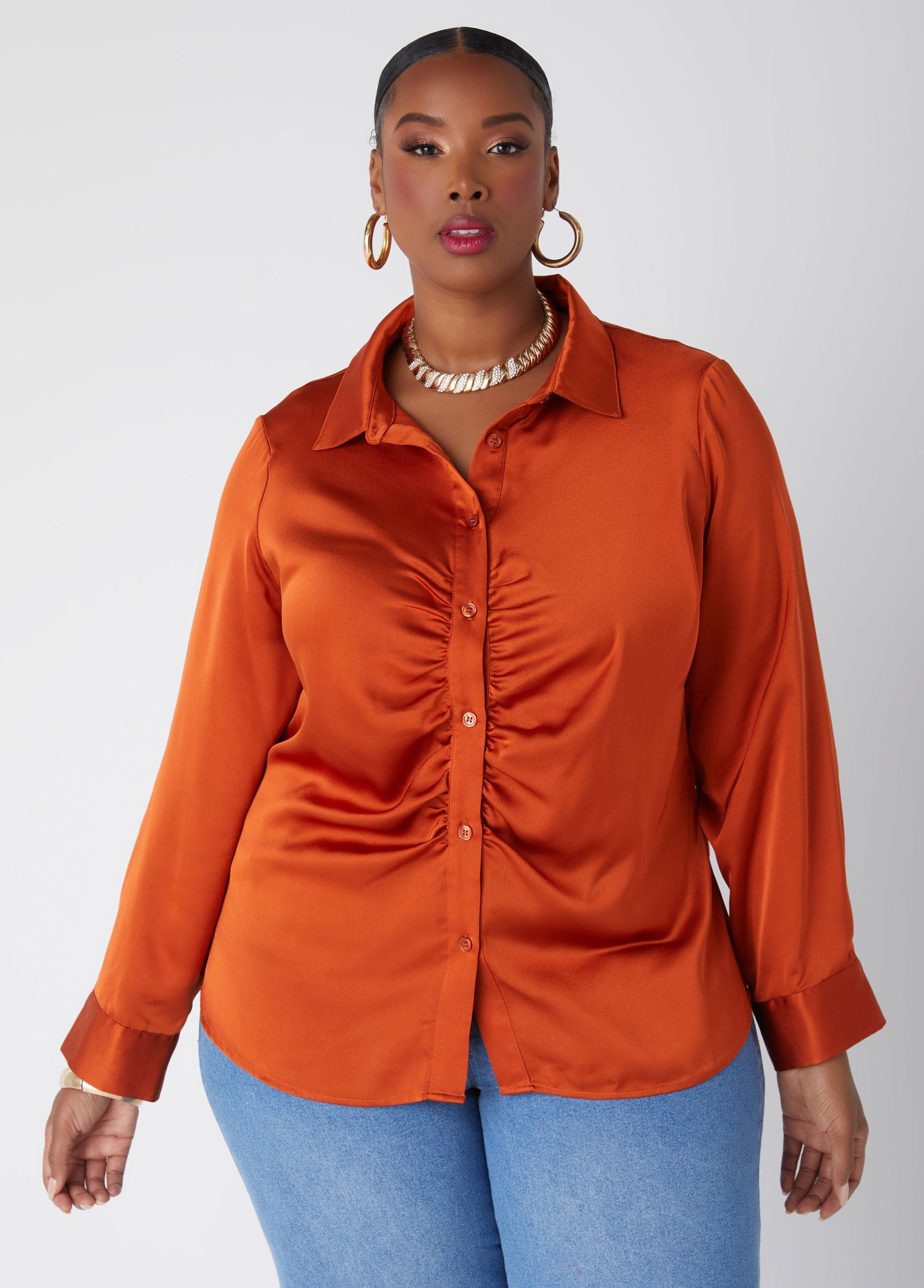 Plus Size Ruched Front Satin Shirt Ashley Stewart Product Image