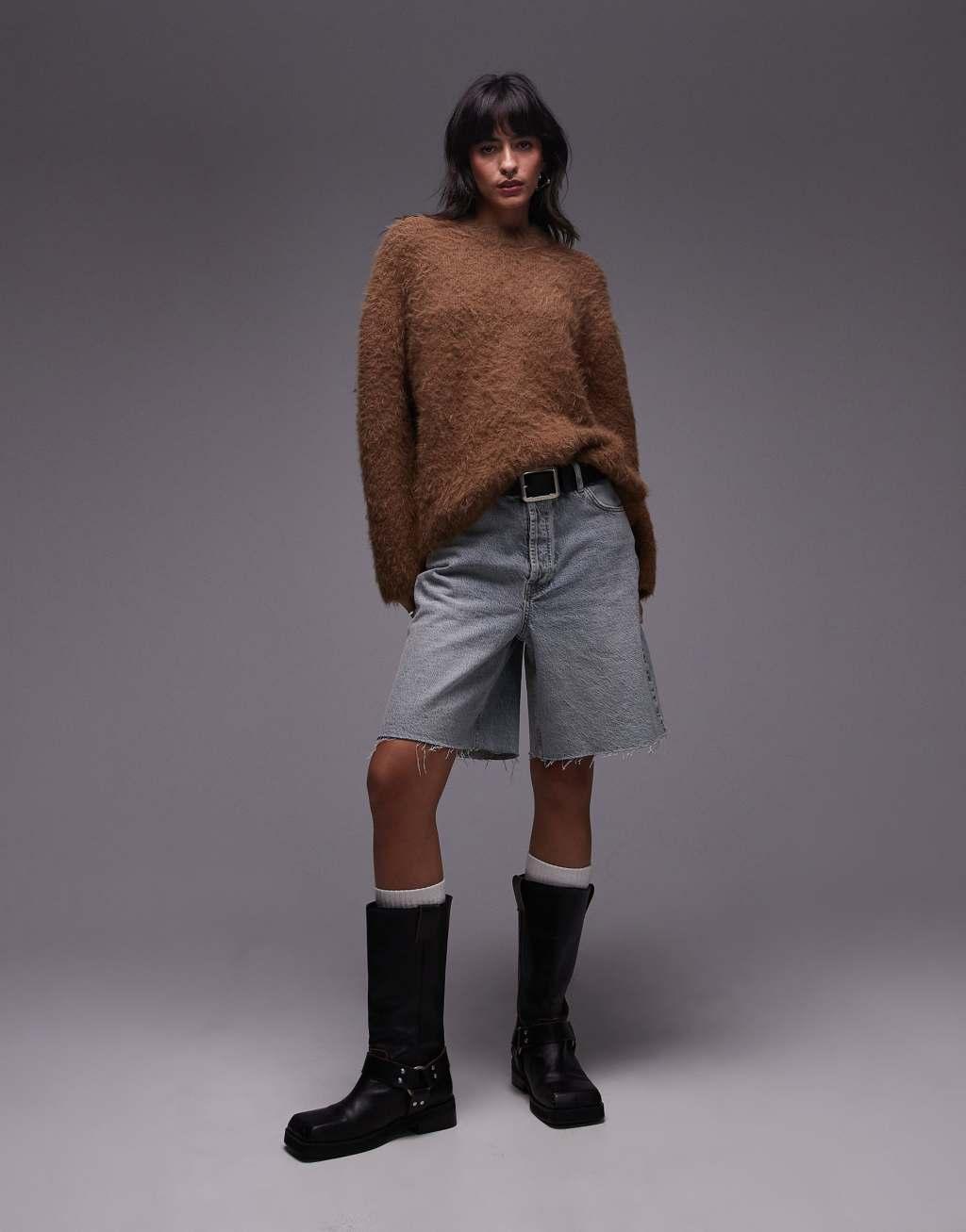 Topshop knitted ultra fluffy oversized sweater in toffee Product Image