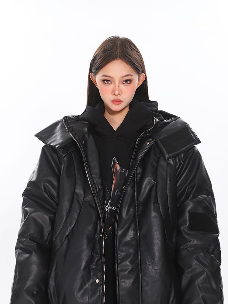 Stand Collar Plain Panel Faux Leather Zip Puffer Jacket Product Image