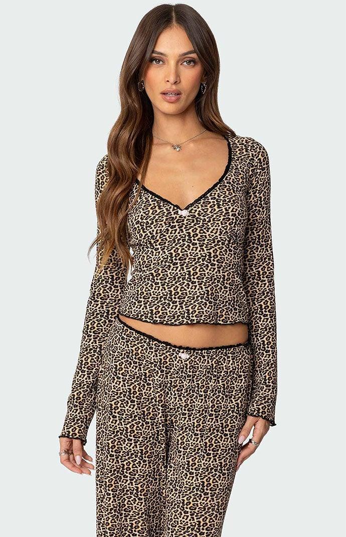 Edikted Women's Lue Leopard Printed Ribbed V Neck Top - Product Image