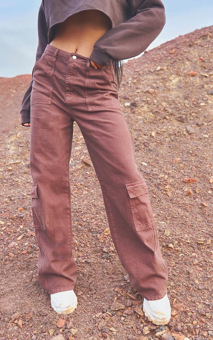 Brown Cargo Pocket Baggy Wide Leg Jeans Product Image