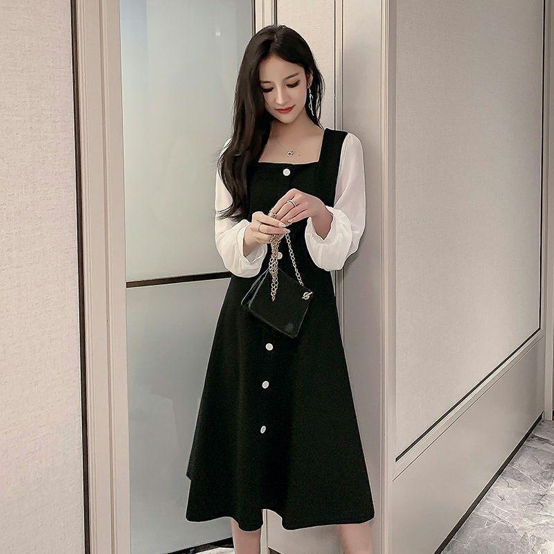 Puff-Sleeve Square Neck Two Tone A-Line Dress Product Image