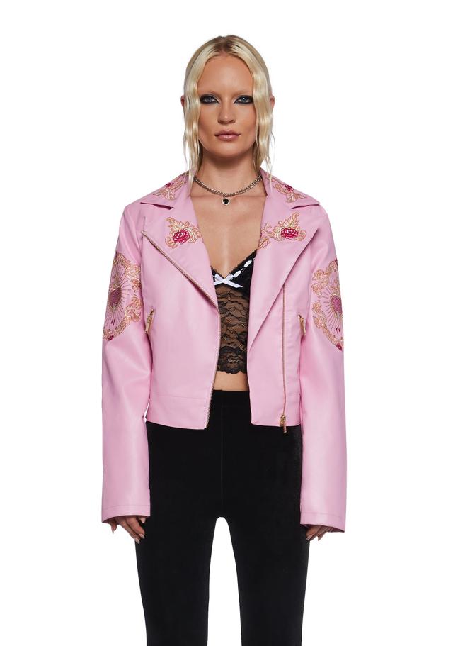 Sugar Thrillz Ornate Embroidered Moto Jacket - Pink Product Image