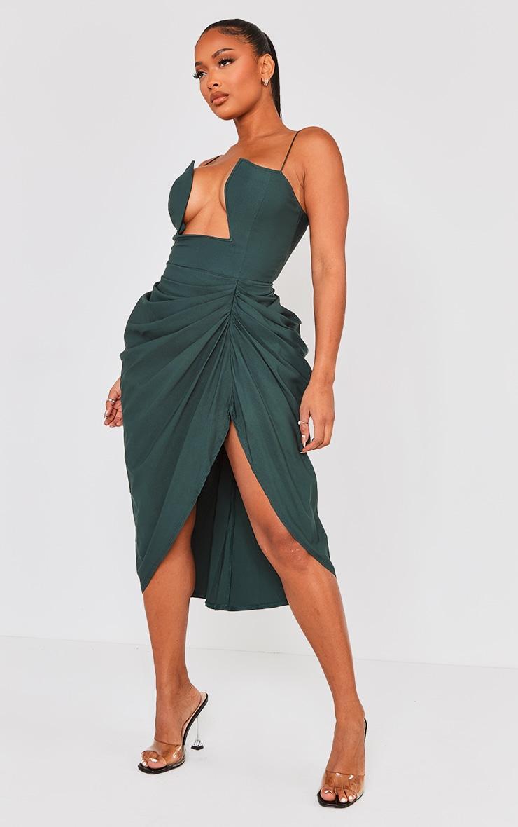 Shape Emerald Green Woven Cut Out Detail Ruched Midi Dress Product Image