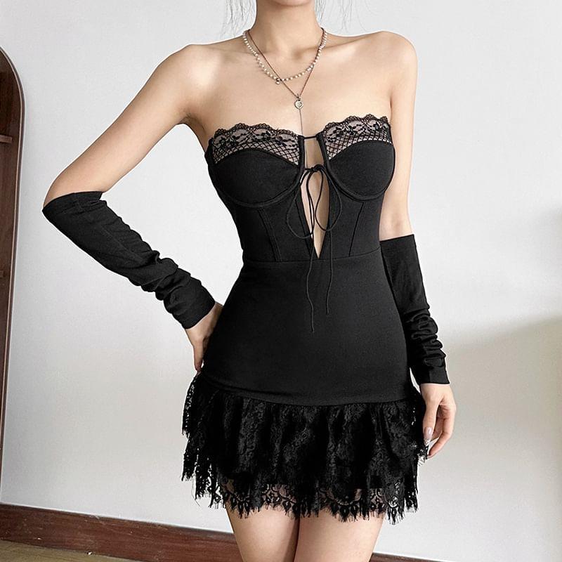 Strapless Sweetheart Neck Plain Lace Trim Mini A-Line Dress Product Image