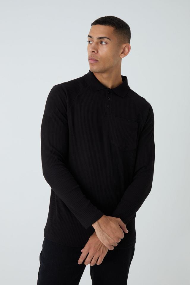 Long Sleeve Rib Pocket Polo | boohooMAN USA Product Image