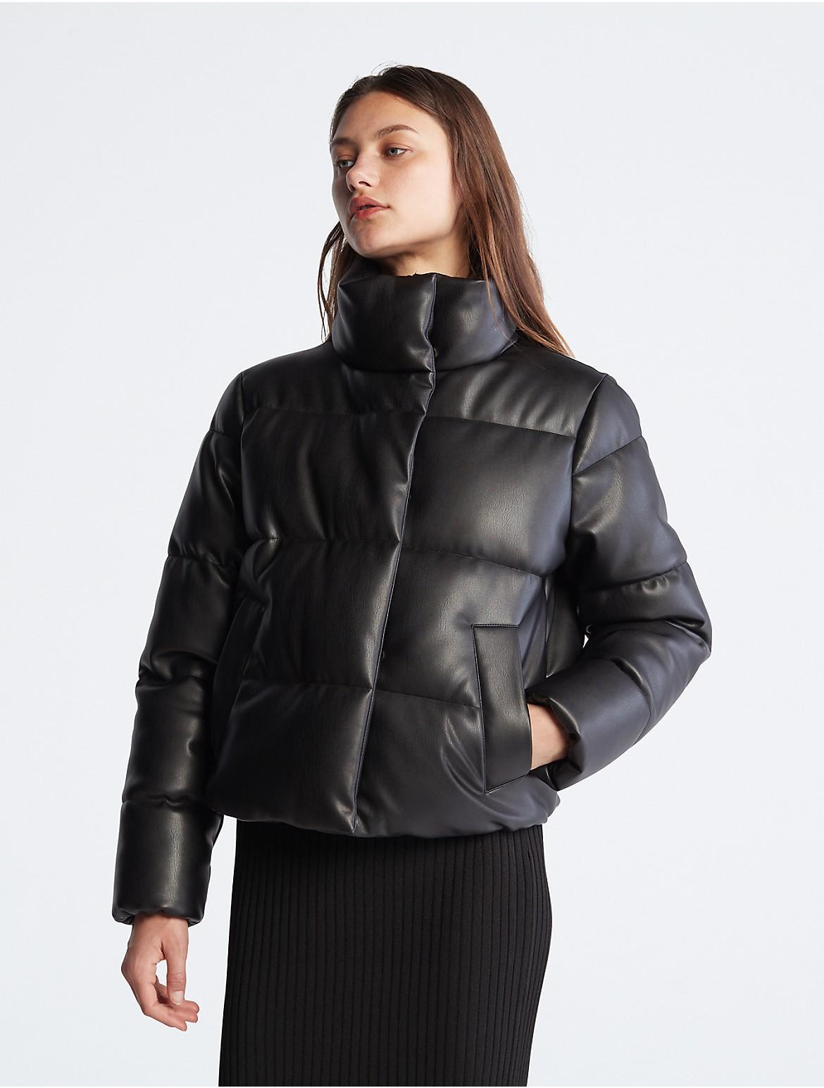 Calvin Klein Womens Faux Leather Puffer Jacket - Black - XL Product Image