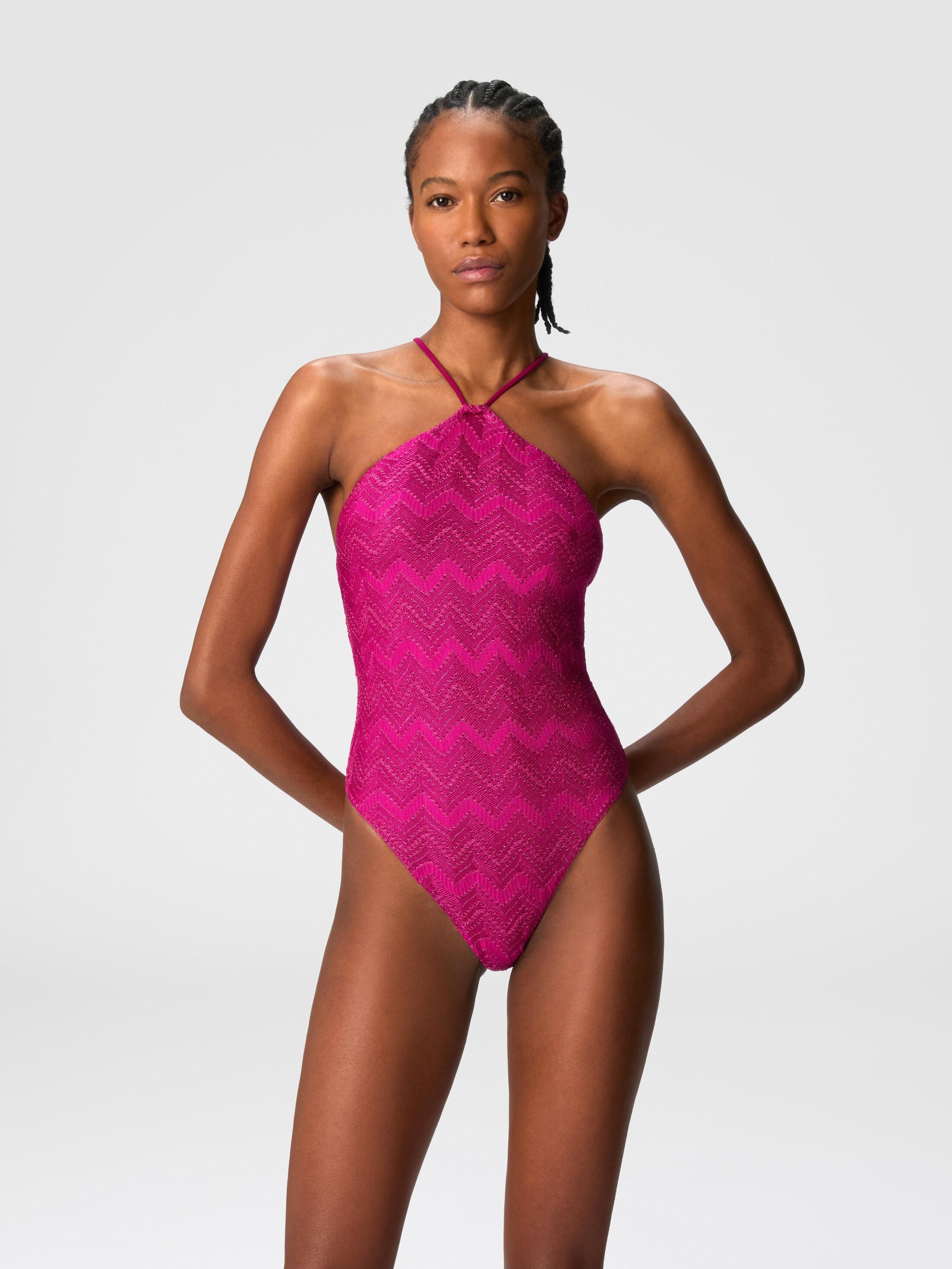 Zig zag lamé viscose one-piece swimsuit with halter neck Product Image