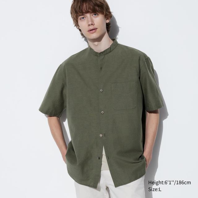 Mens Stand Collar Short Sleeve Shirt Olive XS UNIQLO US Product Image