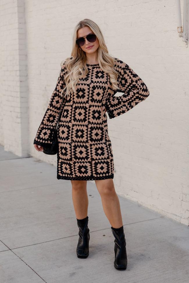 Build Courage Black and Tan Crochet Long Sleeve Lined Mini Dress Product Image