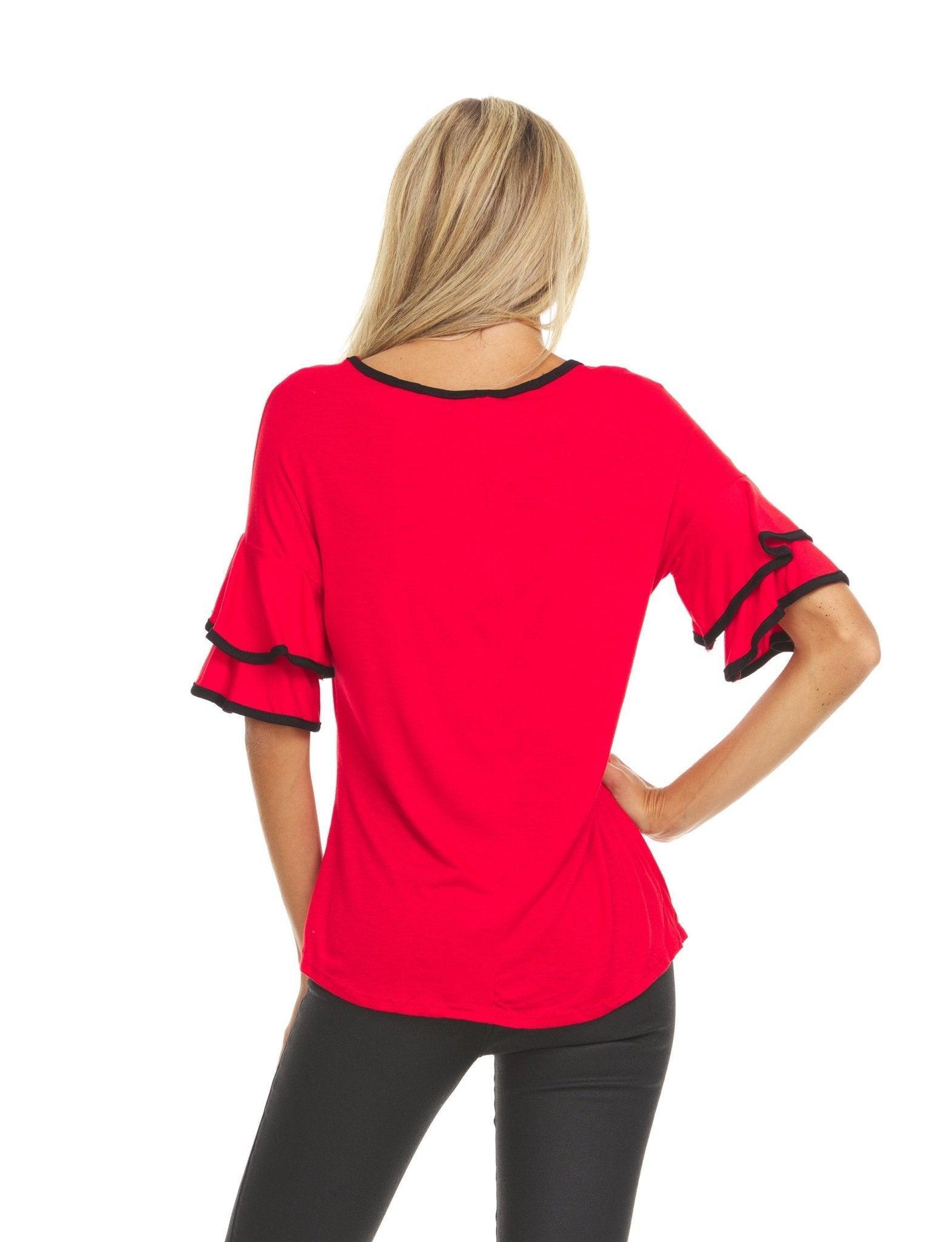 Womens Multi Ruffle Sleeve Top With Contrast Color Trim On Ruffles & Neckline Female Product Image