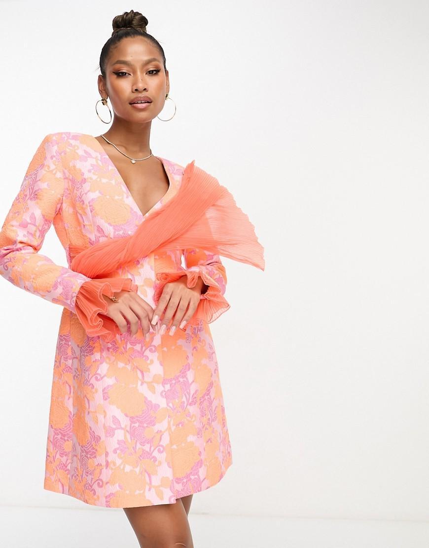 ASOS LUXE plunge blazer dress with chiffon sash and cuff in floral jacquard product image